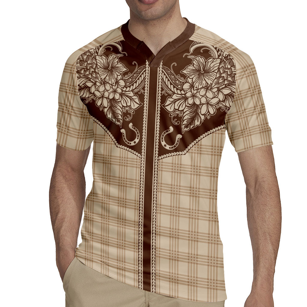 Hawai'i Paniolo Motif Leather Brown Rugby Jersey Floral Palaka Print LT7 - Polynesian Pride
