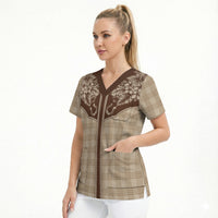 Hawai'i Paniolo Motif Leather Brown Scrub Top Floral Palaka Print LT7 - Polynesian Pride