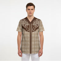 Hawai'i Paniolo Motif Leather Brown Scrub Top Floral Palaka Print LT7 - Polynesian Pride