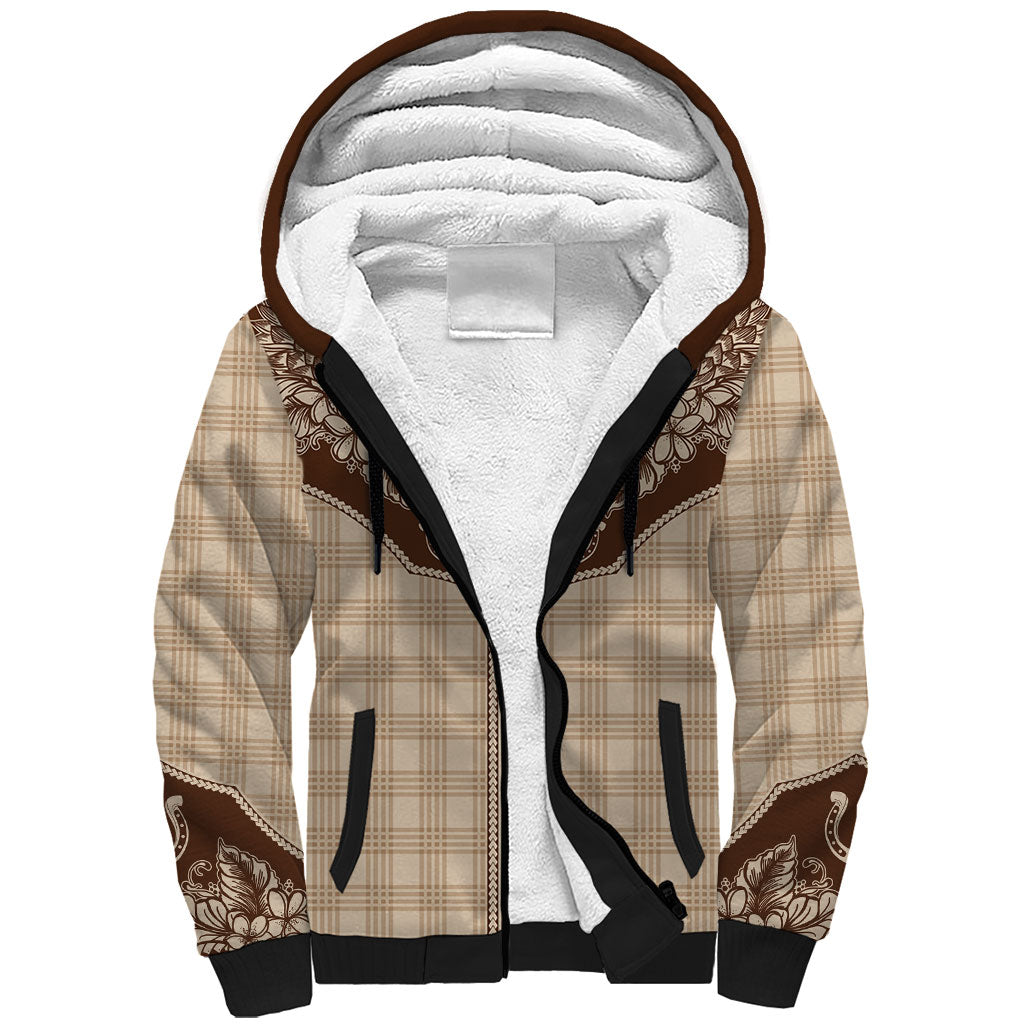Hawai'i Paniolo Motif Leather Brown Sherpa Hoodie Floral Palaka Print LT7 Unisex Brown - Polynesian Pride