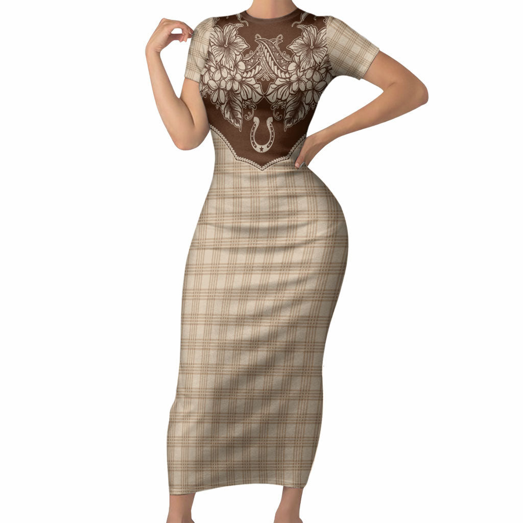 Hawai'i Paniolo Motif Leather Brown Short Sleeve Bodycon Dress Floral Palaka Print LT7 Long Dress Brown - Polynesian Pride