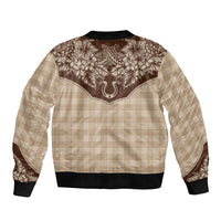 Hawai'i Paniolo Motif Leather Brown Sleeve Zip Bomber Jacket Floral Palaka Print LT7 - Polynesian Pride