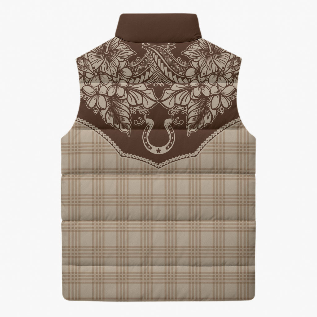 Hawai'i Paniolo Motif Leather Brown Sleeveless Puffer Jacket Floral Palaka Print LT7 - Polynesian Pride