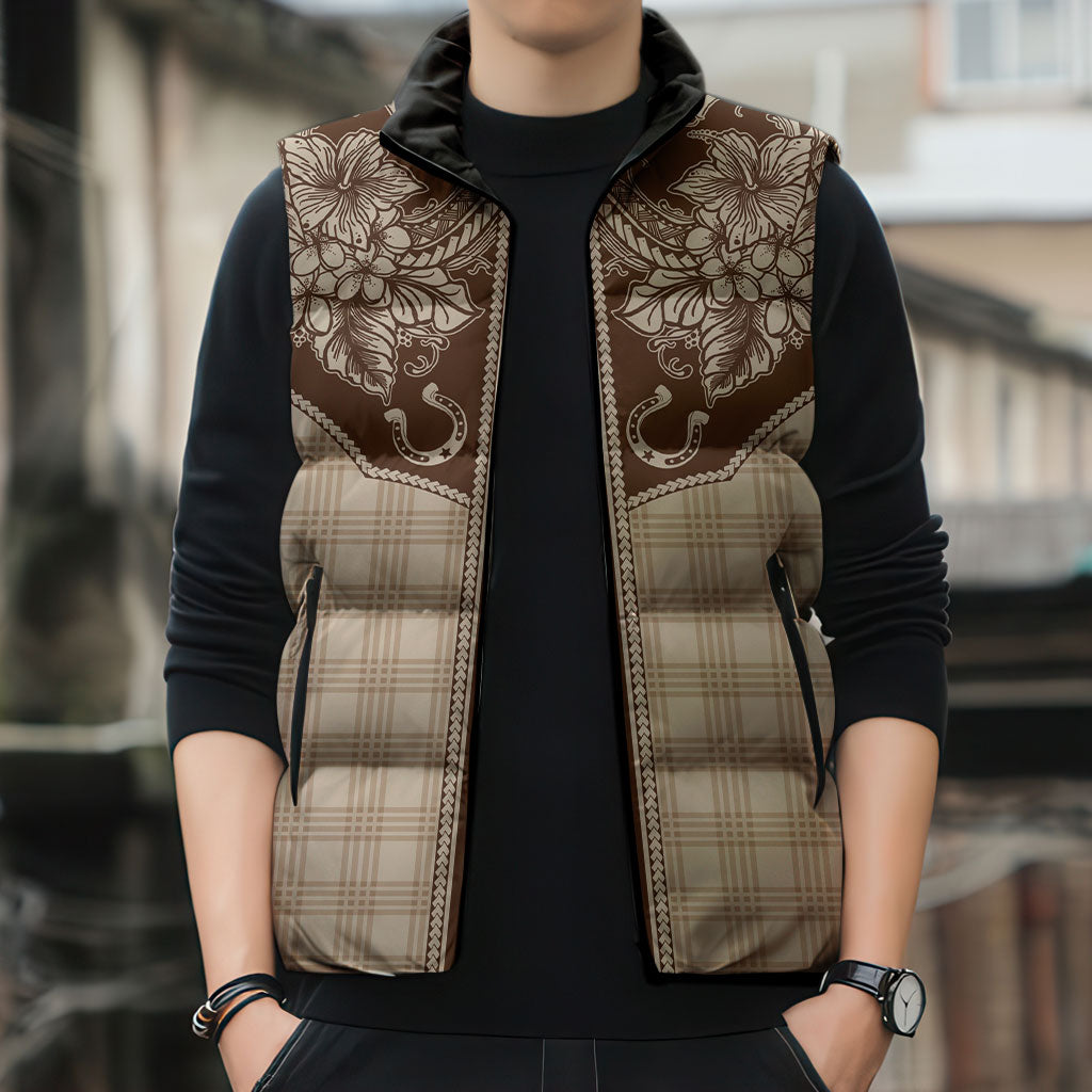 Hawai'i Paniolo Motif Leather Brown Sleeveless Puffer Jacket Floral Palaka Print LT7 - Polynesian Pride