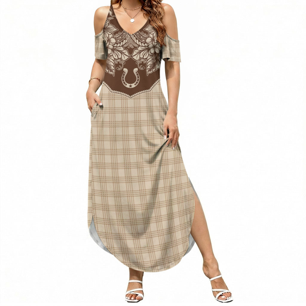 Hawai'i Paniolo Motif Leather Brown Summer Maxi Dress Floral Palaka Print LT7 Women Brown - Polynesian Pride