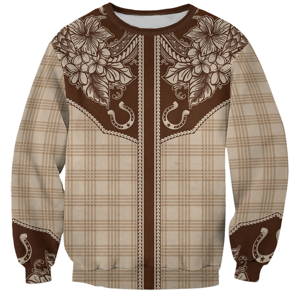 Hawai'i Paniolo Motif Leather Brown Sweatshirt Floral Palaka Print LT7 Unisex Brown - Polynesian Pride