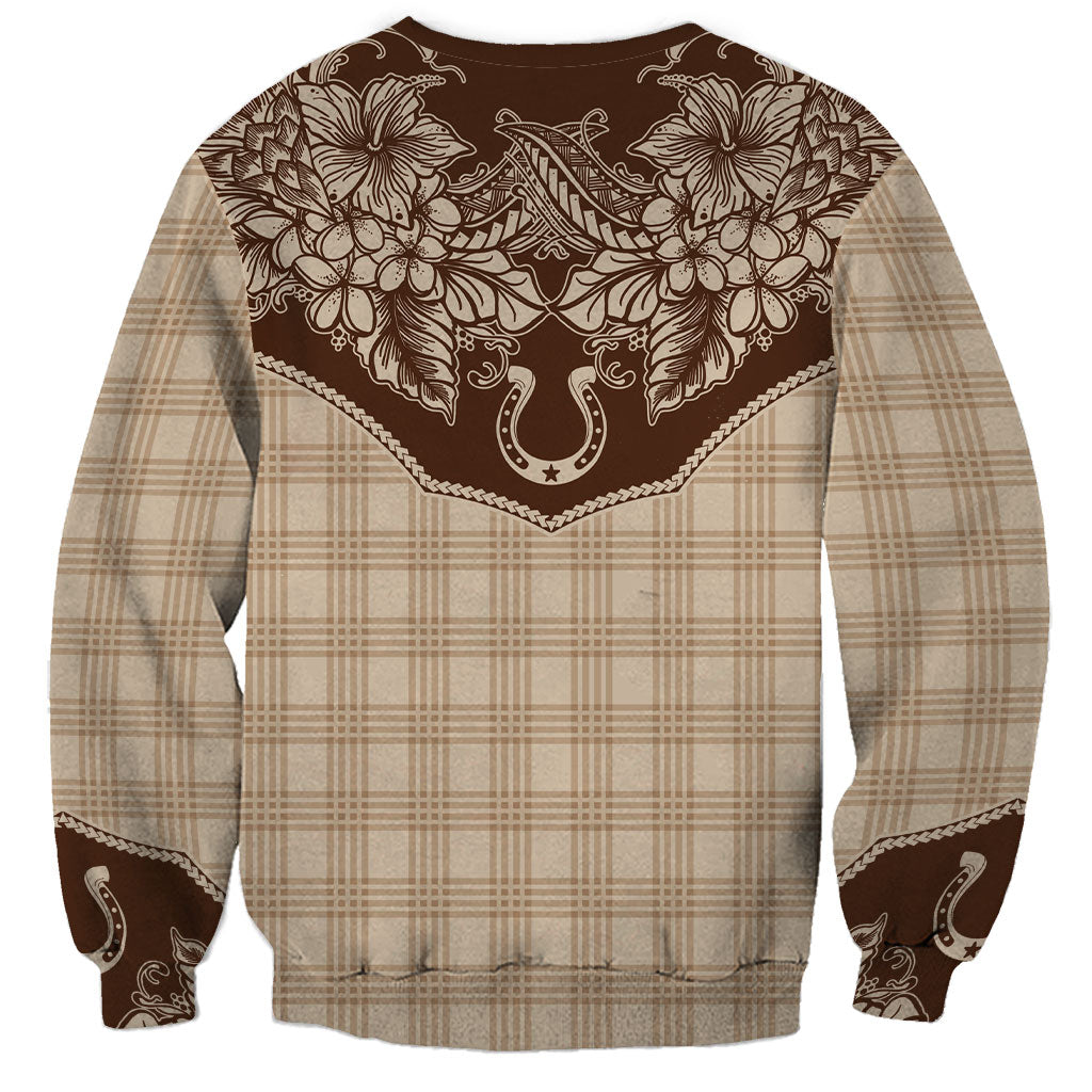 Hawai'i Paniolo Motif Leather Brown Sweatshirt Floral Palaka Print LT7 - Polynesian Pride