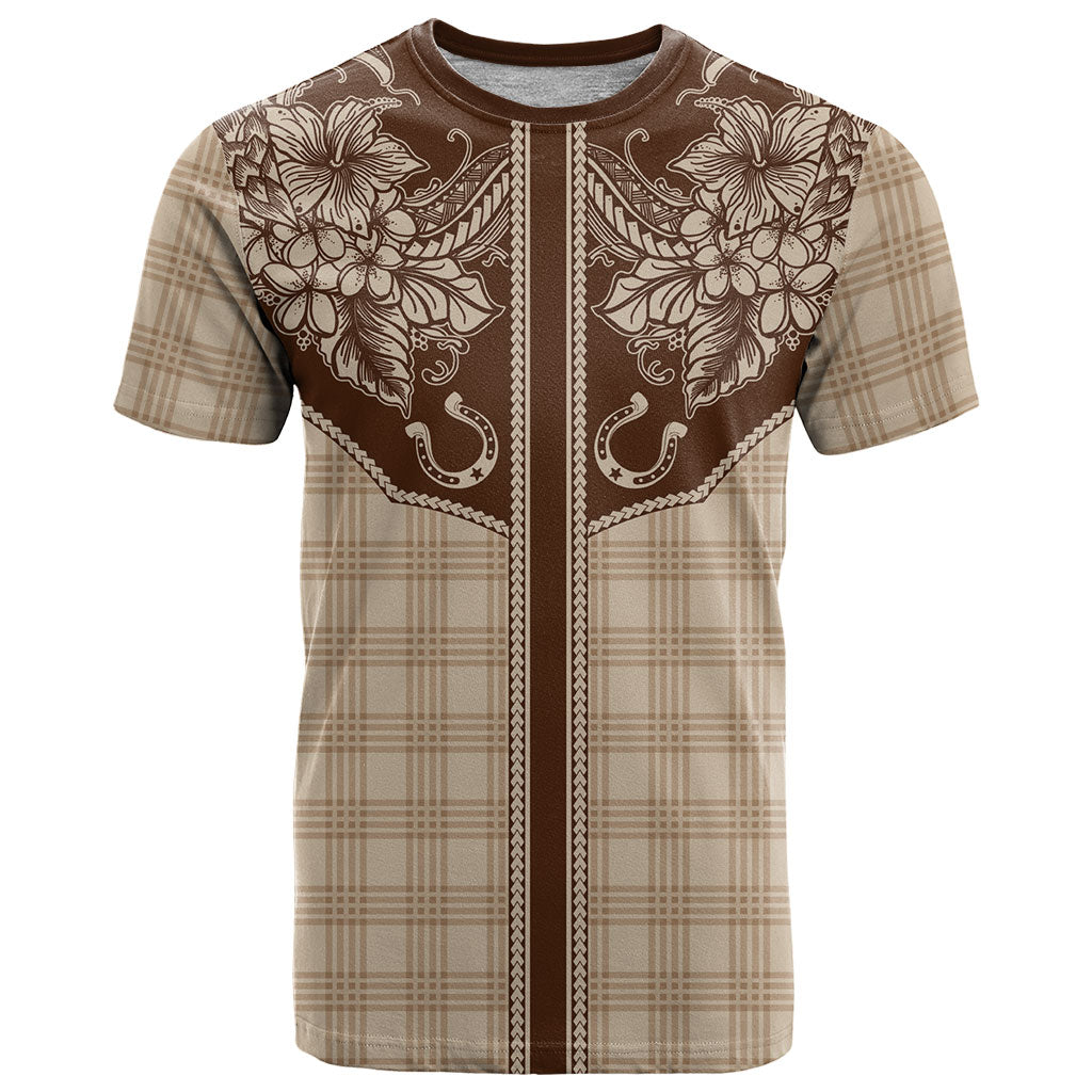 Hawai'i Paniolo Motif Leather Brown T Shirt Floral Palaka Print LT7 Brown - Polynesian Pride