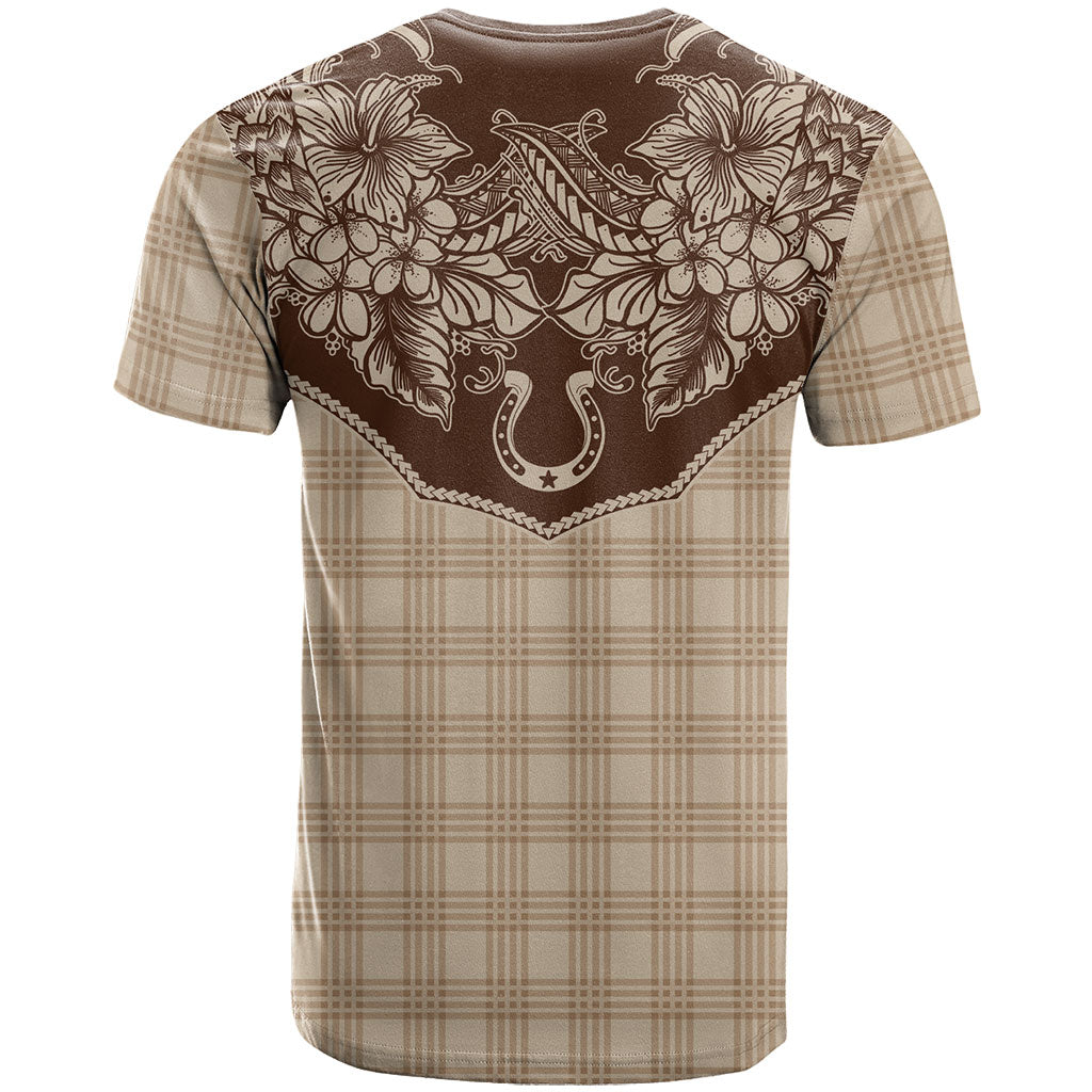 Hawai'i Paniolo Motif Leather Brown T Shirt Floral Palaka Print LT7 - Polynesian Pride
