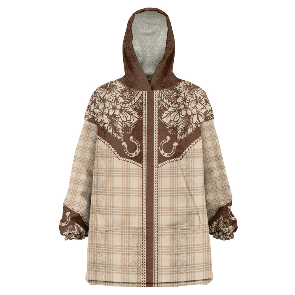 Hawai'i Paniolo Motif Leather Brown Wearable Blanket Hoodie Floral Palaka Print LT7 One Size Brown - Polynesian Pride