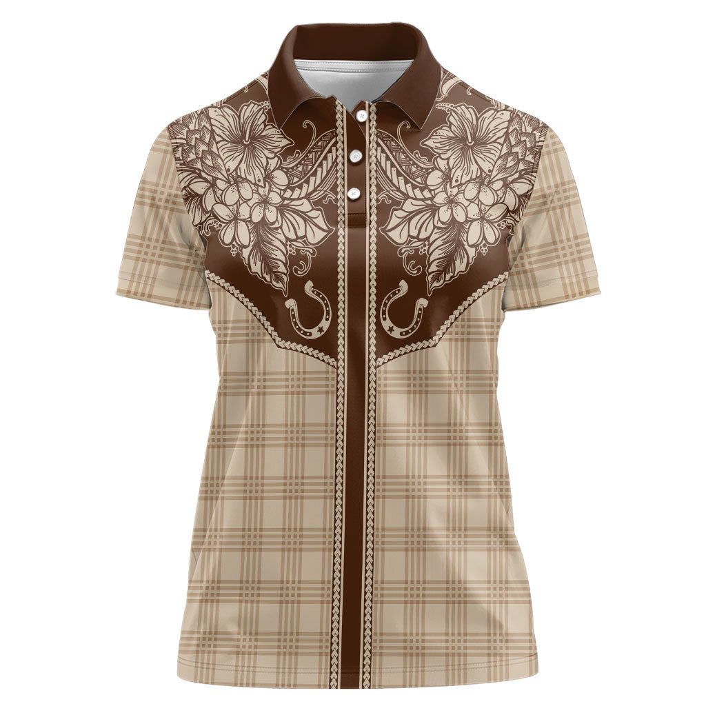 Hawai'i Paniolo Motif Leather Brown Women Polo Shirt Floral Palaka Print LT7 Female Brown - Polynesian Pride