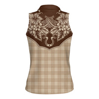 Hawai'i Paniolo Motif Leather Brown Women Sleeveless Polo Shirt Floral Palaka Print LT7 - Polynesian Pride