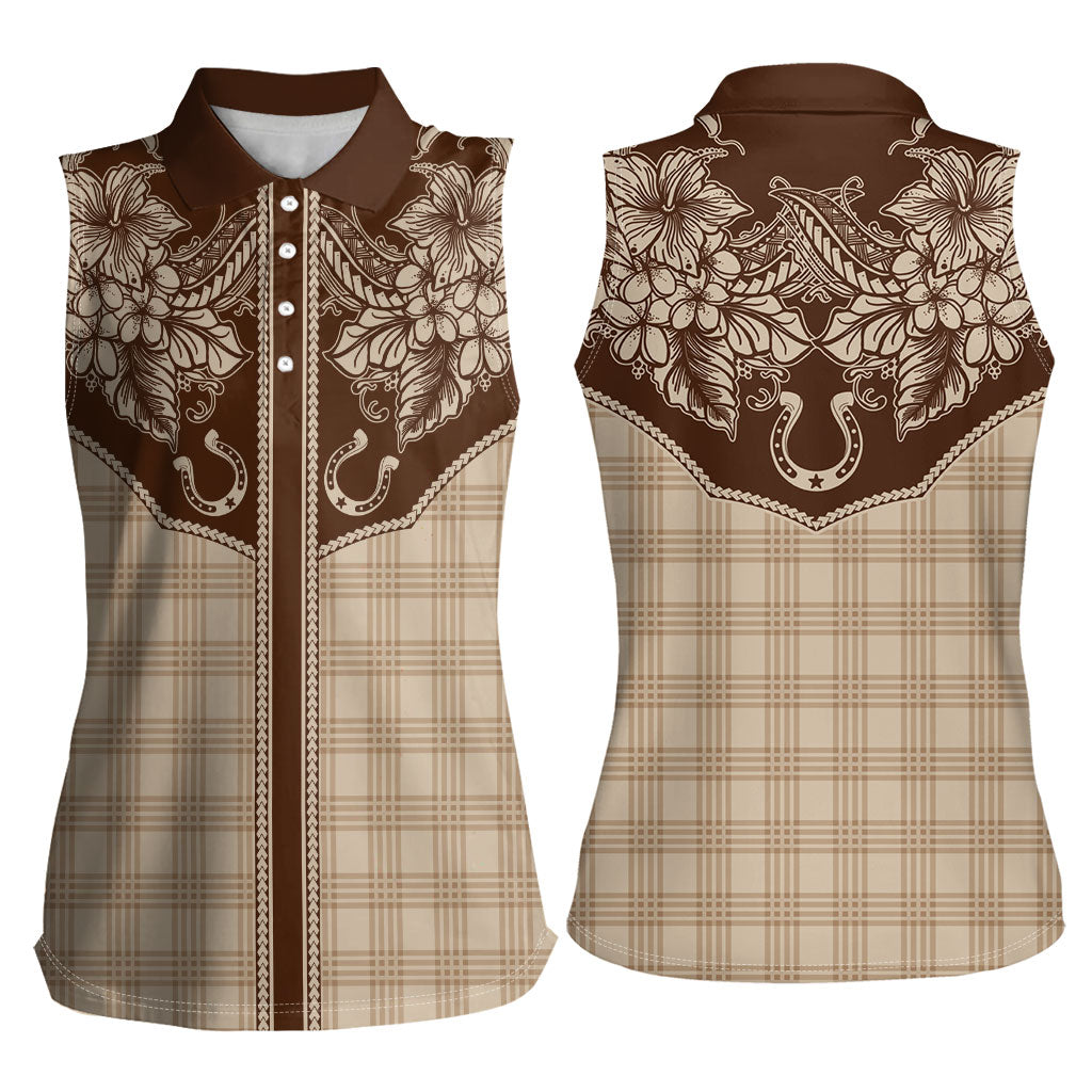 Hawai'i Paniolo Motif Leather Brown Women Sleeveless Polo Shirt Floral Palaka Print LT7 - Polynesian Pride