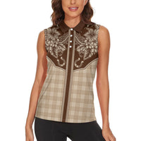 Hawai'i Paniolo Motif Leather Brown Women Sleeveless Polo Shirt Floral Palaka Print LT7 - Polynesian Pride