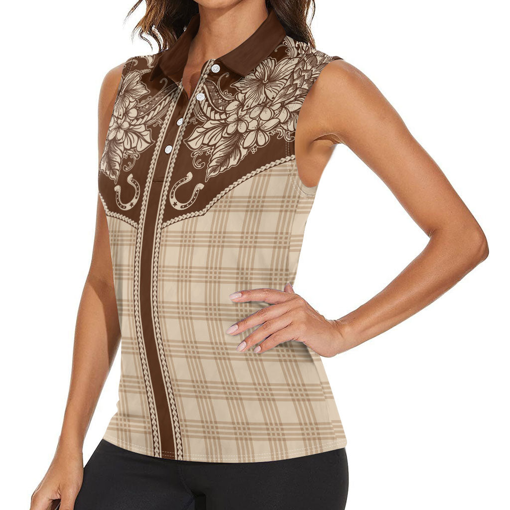 Hawai'i Paniolo Motif Leather Brown Women Sleeveless Polo Shirt Floral Palaka Print LT7 - Polynesian Pride