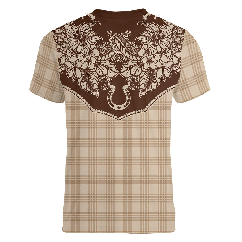 Hawai'i Paniolo Motif Leather Brown Women V-Neck T-Shirt Floral Palaka Print LT7 - Polynesian Pride