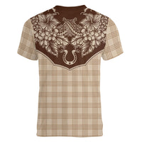 Hawai'i Paniolo Motif Leather Brown Women V-Neck T-Shirt Floral Palaka Print LT7 - Polynesian Pride