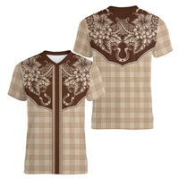Hawai'i Paniolo Motif Leather Brown Women V-Neck T-Shirt Floral Palaka Print LT7 - Polynesian Pride