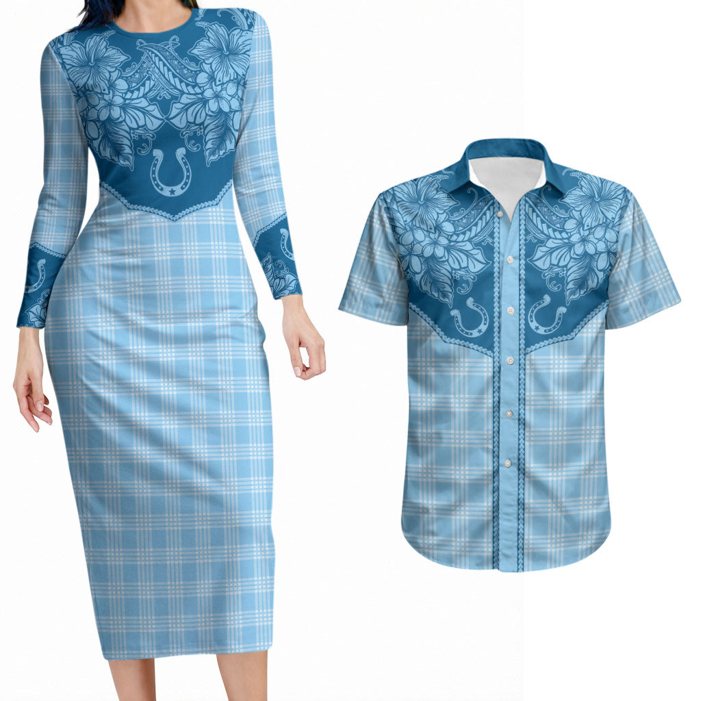 Hawai'i Paniolo Motif Deep Blue Couples Matching Long Sleeve Bodycon Dress and Hawaiian Shirt Floral Palaka Print LT7 Navy Blue - Polynesian Pride