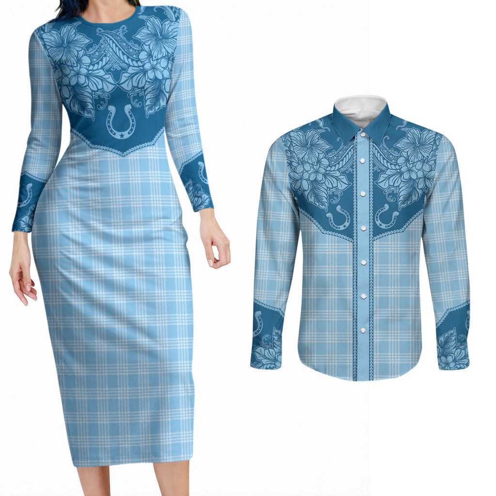 Hawai'i Paniolo Motif Deep Blue Couples Matching Long Sleeve Bodycon Dress and Long Sleeve Button Shirt Floral Palaka Print LT7 Navy Blue - Polynesian Pride
