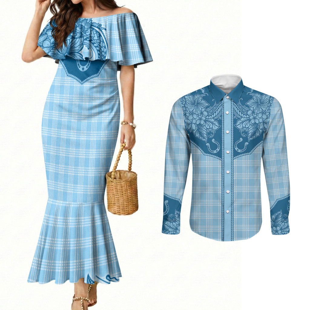 Hawai'i Paniolo Motif Deep Blue Couples Matching Mermaid Dress and Long Sleeve Button Shirt Floral Palaka Print LT7 Navy Blue - Polynesian Pride
