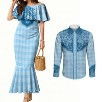 Hawai'i Paniolo Motif Deep Blue Couples Matching Mermaid Dress and Long Sleeve Button Shirt Floral Palaka Print LT7 Navy Blue - Polynesian Pride