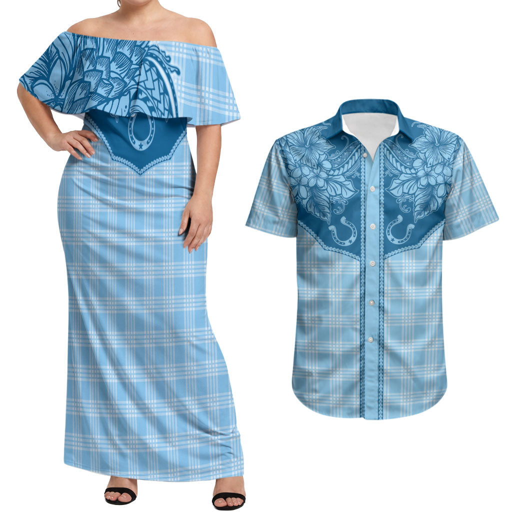 Hawai'i Paniolo Motif Deep Blue Couples Matching Off Shoulder Maxi Dress and Hawaiian Shirt Floral Palaka Print LT7 Navy Blue - Polynesian Pride