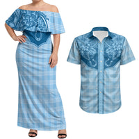 Hawai'i Paniolo Motif Deep Blue Couples Matching Off Shoulder Maxi Dress and Hawaiian Shirt Floral Palaka Print LT7 Navy Blue - Polynesian Pride
