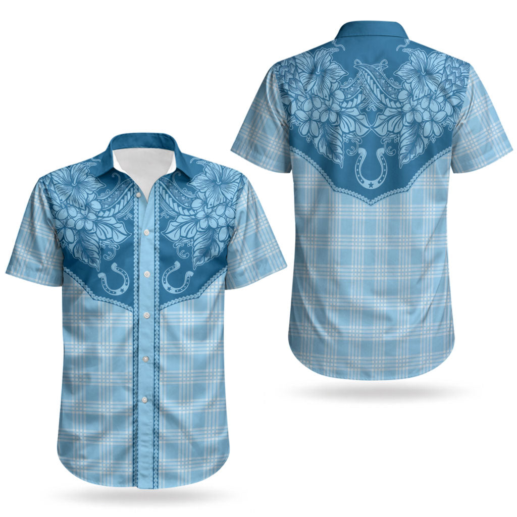 Hawai'i Paniolo Motif Deep Blue Couples Matching Off Shoulder Maxi Dress and Hawaiian Shirt Floral Palaka Print LT7 - Polynesian Pride