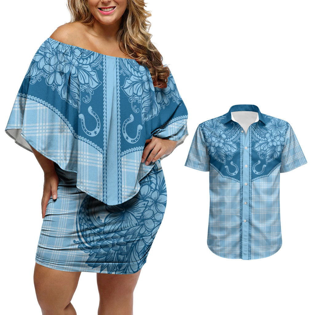 Hawai'i Paniolo Motif Deep Blue Couples Matching Off Shoulder Short Dress and Hawaiian Shirt Floral Palaka Print LT7 Navy Blue - Polynesian Pride