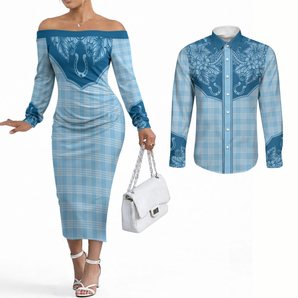 Hawai'i Paniolo Motif Deep Blue Couples Matching Off The Shoulder Long Sleeve Dress and Long Sleeve Button Shirt Floral Palaka Print LT7 Navy Blue - Polynesian Pride