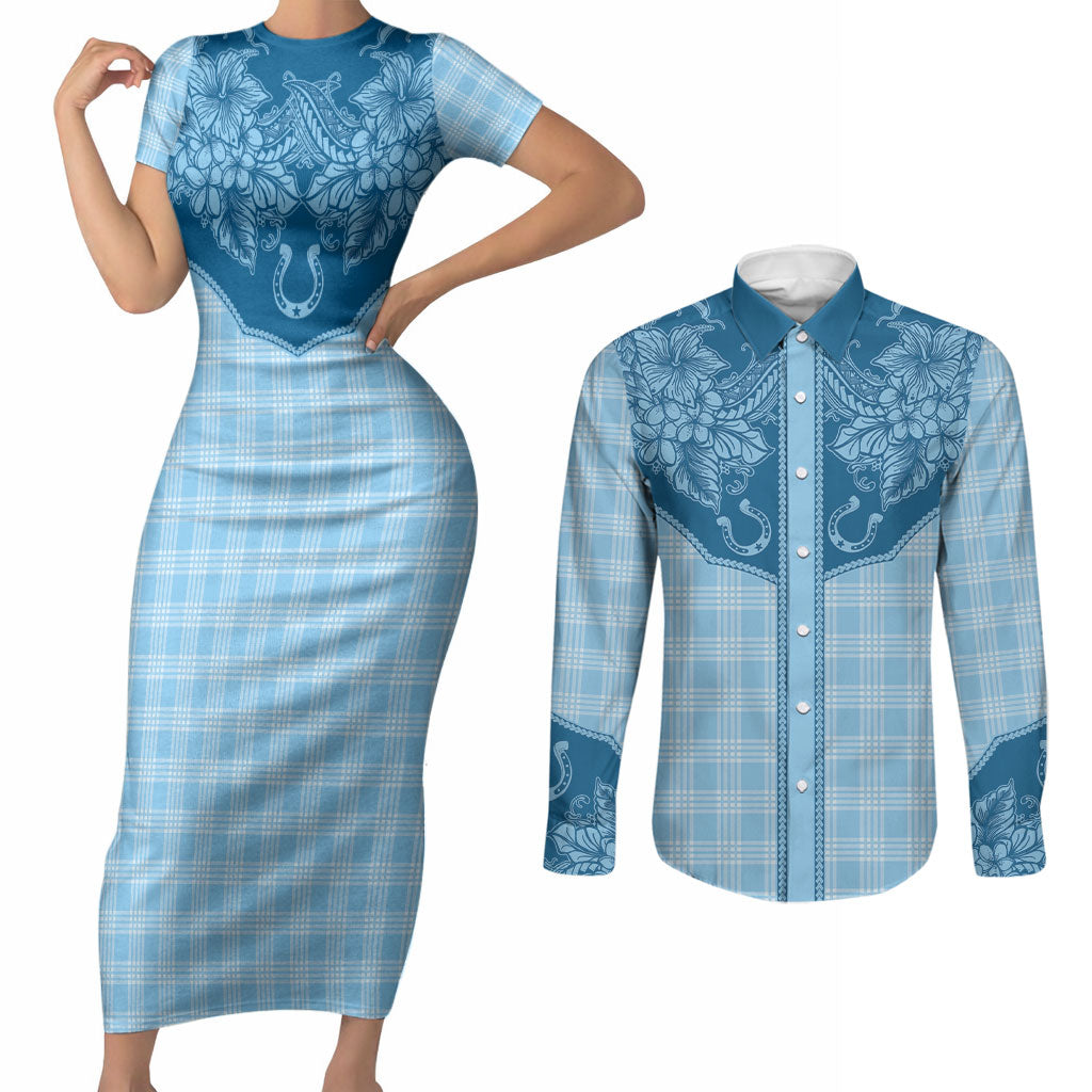 Hawai'i Paniolo Motif Deep Blue Couples Matching Short Sleeve Bodycon Dress and Long Sleeve Button Shirt Floral Palaka Print LT7 Navy Blue - Polynesian Pride