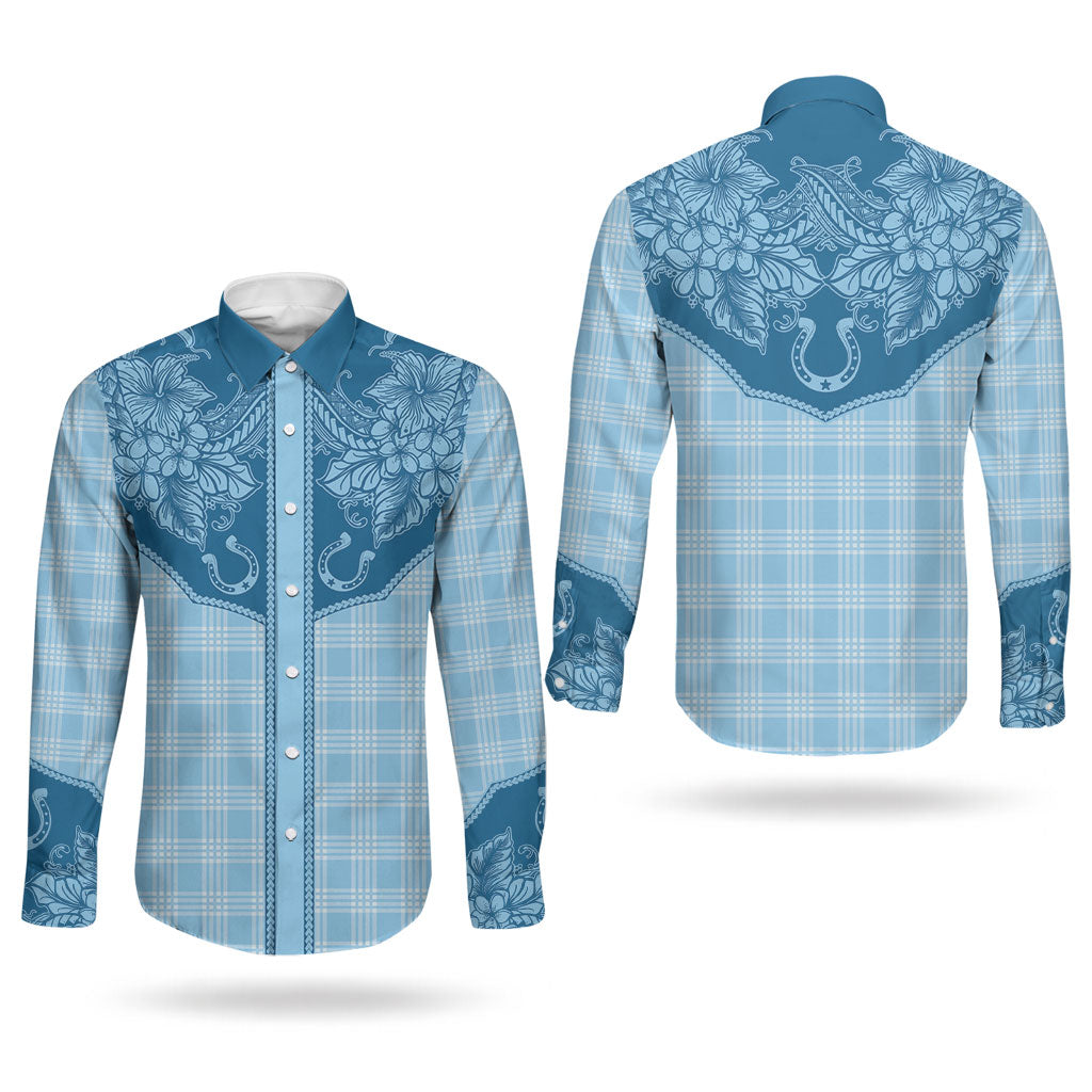 Hawai'i Paniolo Motif Deep Blue Couples Matching Tank Maxi Dress and Long Sleeve Button Shirt Floral Palaka Print LT7 - Polynesian Pride