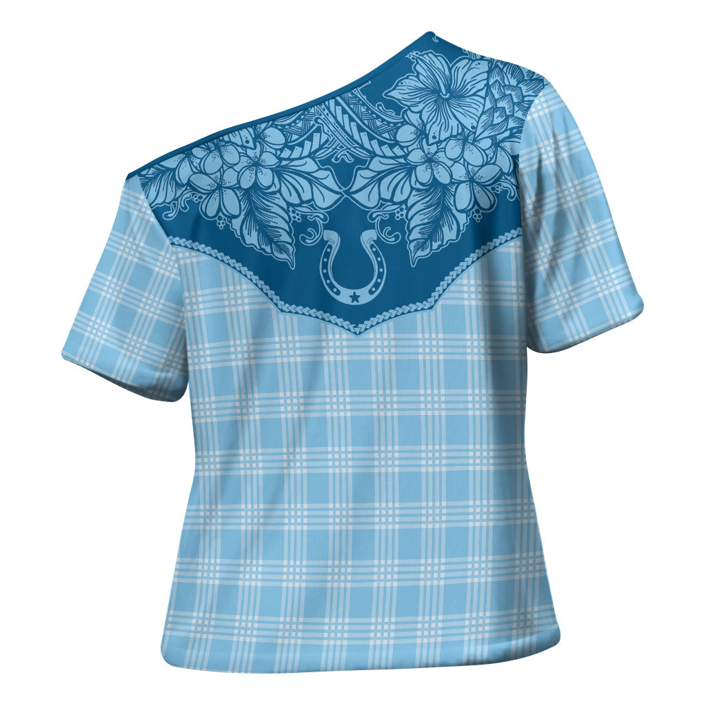 Hawai'i Paniolo Motif Deep Blue Cross Shoulder Shirt Floral Palaka Print LT7 - Polynesian Pride