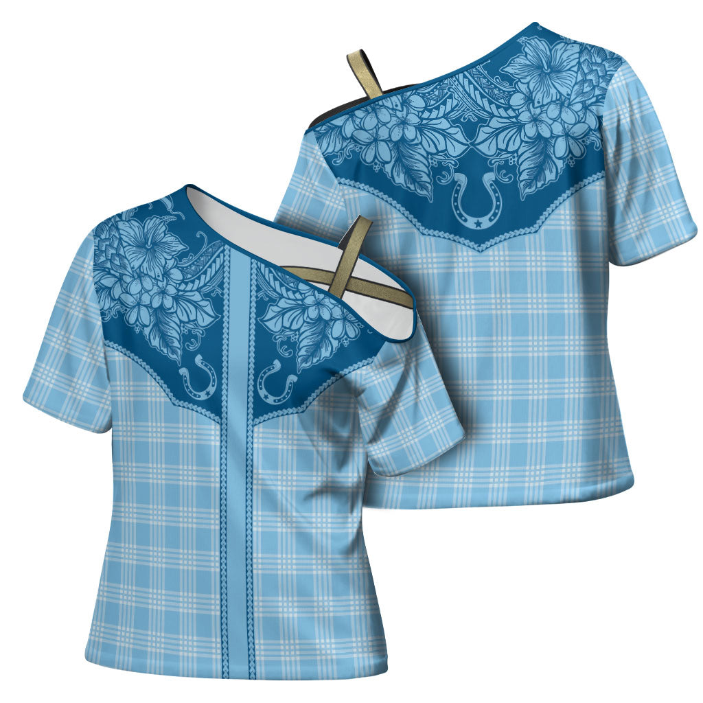 Hawai'i Paniolo Motif Deep Blue Cross Shoulder Shirt Floral Palaka Print LT7 - Polynesian Pride