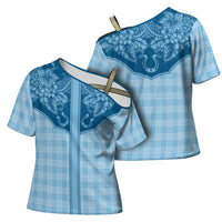 Hawai'i Paniolo Motif Deep Blue Cross Shoulder Shirt Floral Palaka Print LT7 - Polynesian Pride