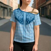 Hawai'i Paniolo Motif Deep Blue Cross Shoulder Shirt Floral Palaka Print LT7 - Polynesian Pride