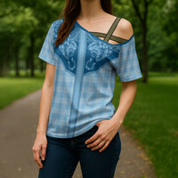 Hawai'i Paniolo Motif Deep Blue Cross Shoulder Shirt Floral Palaka Print LT7 - Polynesian Pride