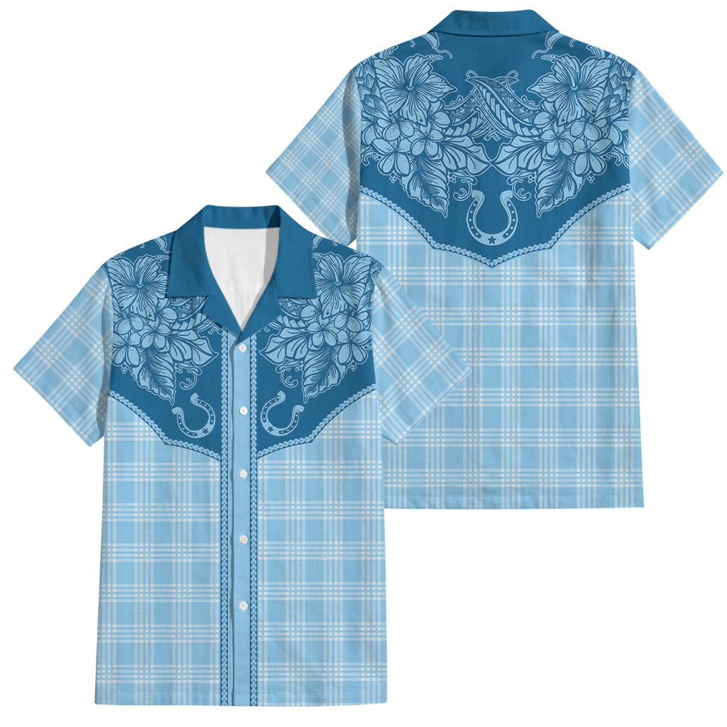 Hawai'i Paniolo Motif Deep Blue Family Matching Off Shoulder Maxi Dress and Hawaiian Shirt Floral Palaka Print LT7 Dad's Shirt - Short Sleeve Navy Blue - Polynesian Pride