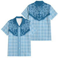 Hawai'i Paniolo Motif Deep Blue Family Matching Off Shoulder Maxi Dress and Hawaiian Shirt Floral Palaka Print LT7 Dad's Shirt - Short Sleeve Navy Blue - Polynesian Pride