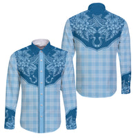Hawai'i Paniolo Motif Deep Blue Family Matching Off Shoulder Maxi Dress and Hawaiian Shirt Floral Palaka Print LT7 Dad's Shirt - Long Sleeve Navy Blue - Polynesian Pride
