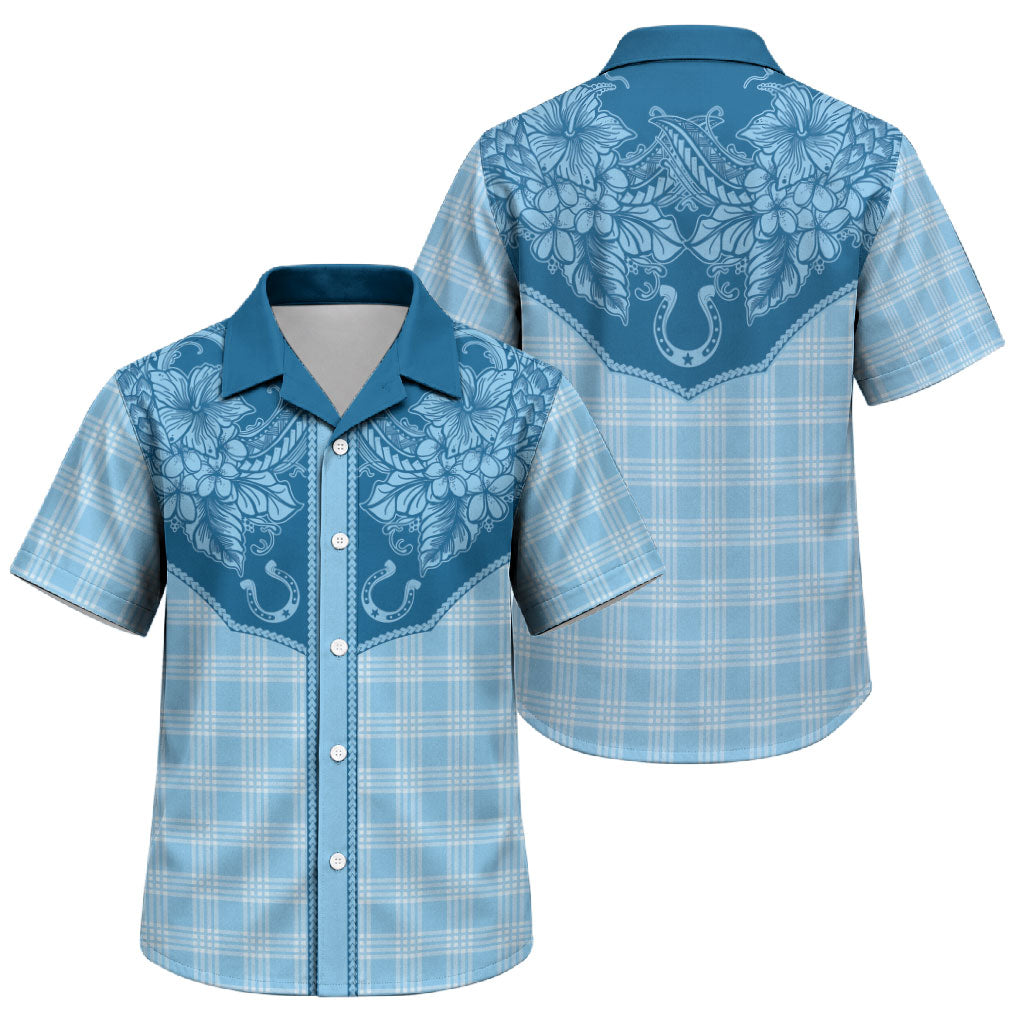 Hawai'i Paniolo Motif Deep Blue Family Matching Off Shoulder Maxi Dress and Hawaiian Shirt Floral Palaka Print LT7 Son's Shirt Navy Blue - Polynesian Pride