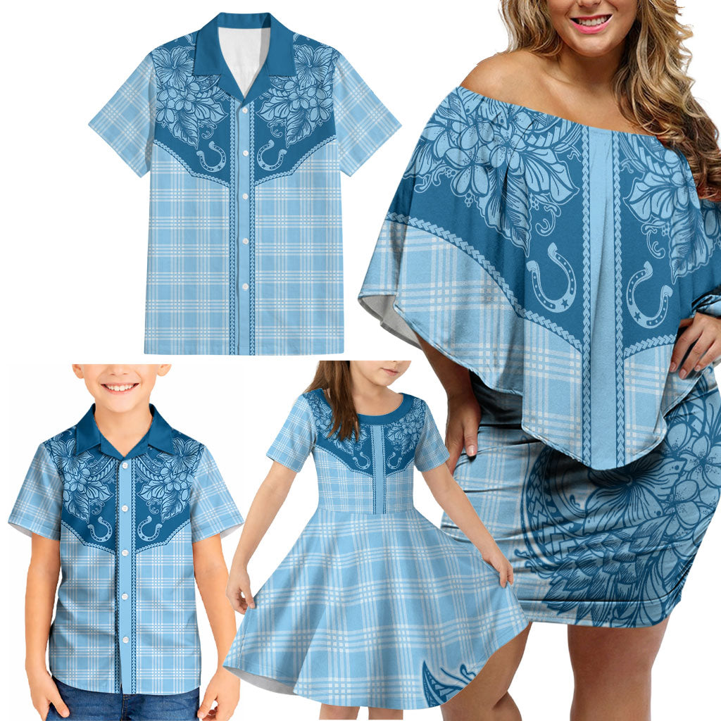 Hawai'i Paniolo Motif Deep Blue Family Matching Off Shoulder Short Dress and Hawaiian Shirt Floral Palaka Print LT7 - Polynesian Pride