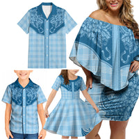 Hawai'i Paniolo Motif Deep Blue Family Matching Off Shoulder Short Dress and Hawaiian Shirt Floral Palaka Print LT7 - Polynesian Pride
