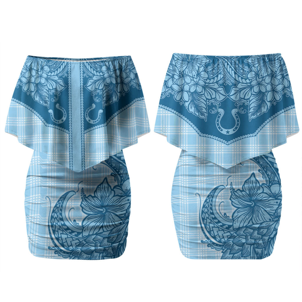 Hawai'i Paniolo Motif Deep Blue Family Matching Off Shoulder Short Dress and Hawaiian Shirt Floral Palaka Print LT7 Mom's Dress Navy Blue - Polynesian Pride