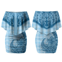 Hawai'i Paniolo Motif Deep Blue Family Matching Off Shoulder Short Dress and Hawaiian Shirt Floral Palaka Print LT7 Mom's Dress Navy Blue - Polynesian Pride