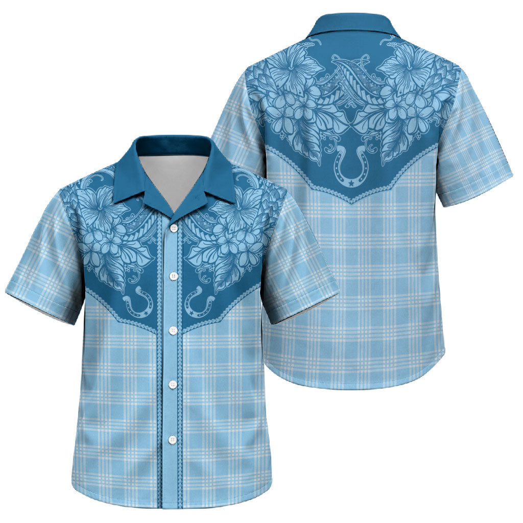 Hawai'i Paniolo Motif Deep Blue Family Matching Off Shoulder Short Dress and Hawaiian Shirt Floral Palaka Print LT7 Son's Shirt Navy Blue - Polynesian Pride