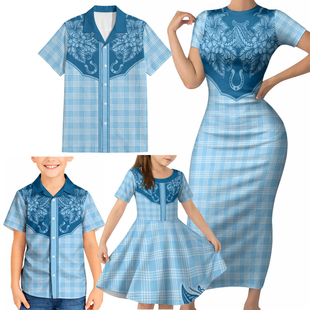Hawai'i Paniolo Motif Deep Blue Family Matching Short Sleeve Bodycon Dress and Hawaiian Shirt Floral Palaka Print LT7 - Polynesian Pride