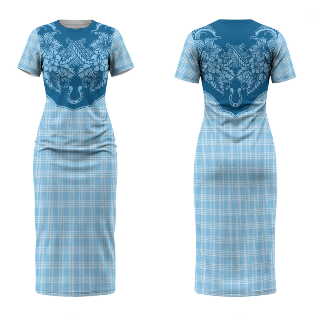 Hawai'i Paniolo Motif Deep Blue Family Matching Short Sleeve Bodycon Dress and Hawaiian Shirt Floral Palaka Print LT7 Mom's Dress Navy Blue - Polynesian Pride