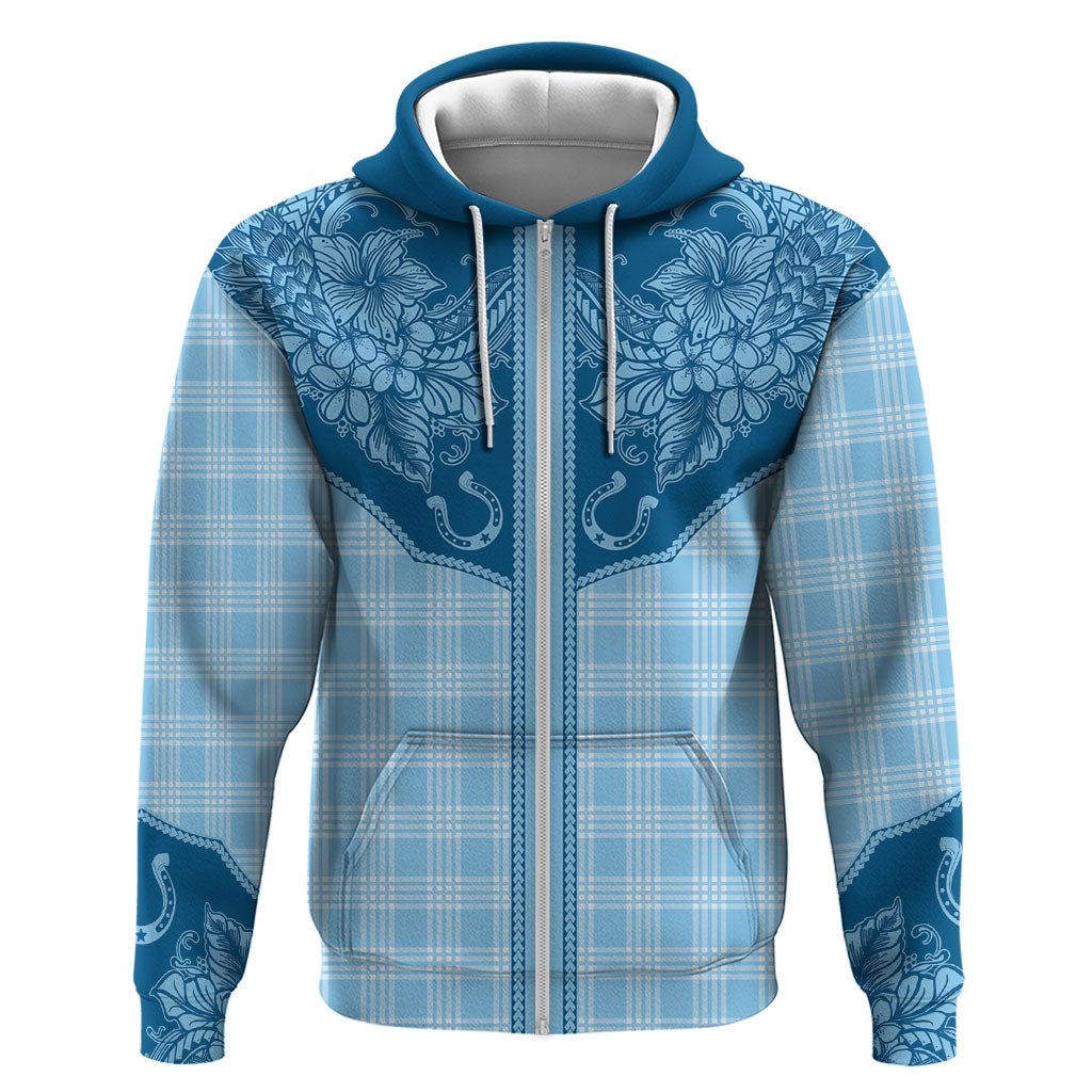Hawai'i Paniolo Motif Deep Blue Hoodie Floral Palaka Print LT7 Zip Hoodie Navy Blue - Polynesian Pride